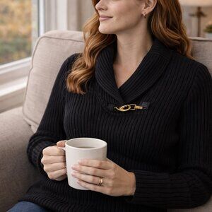 🖤 Lauren Ralph Lauren Black Ribbed Shawl-Collar Sweater with Gold Buckle 🖤